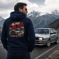 Model wearing Camberline Cars Alpen Blitz Hoodie in Navy