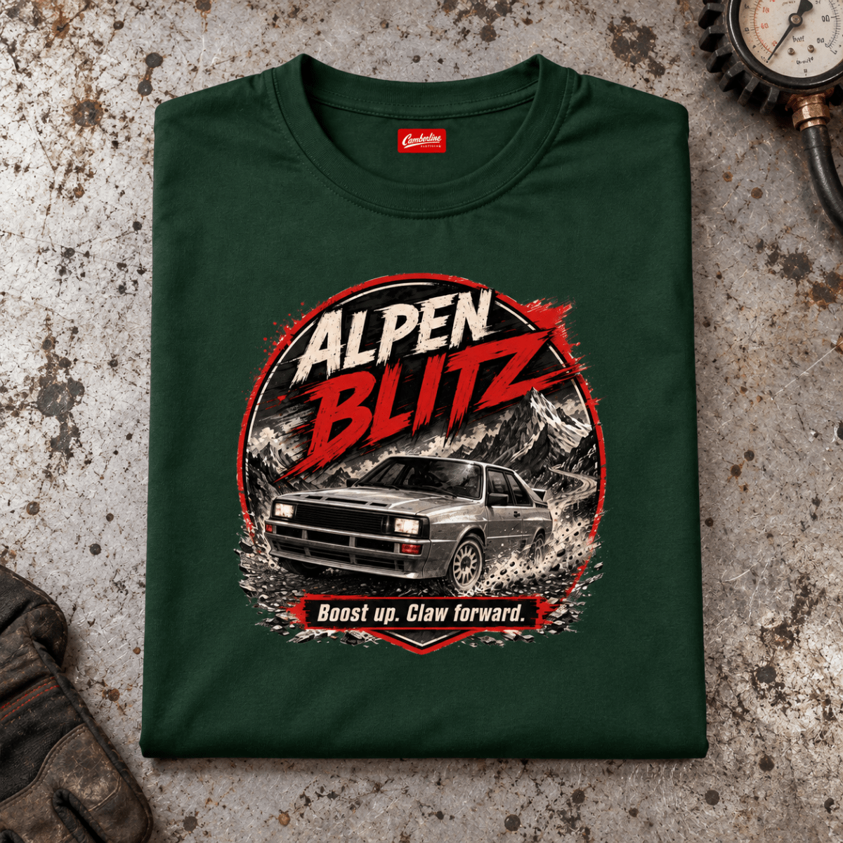Camberline alpen blitz rally car forest green T-shirt, folded front view on a workshop bench with the complete graphic visible.