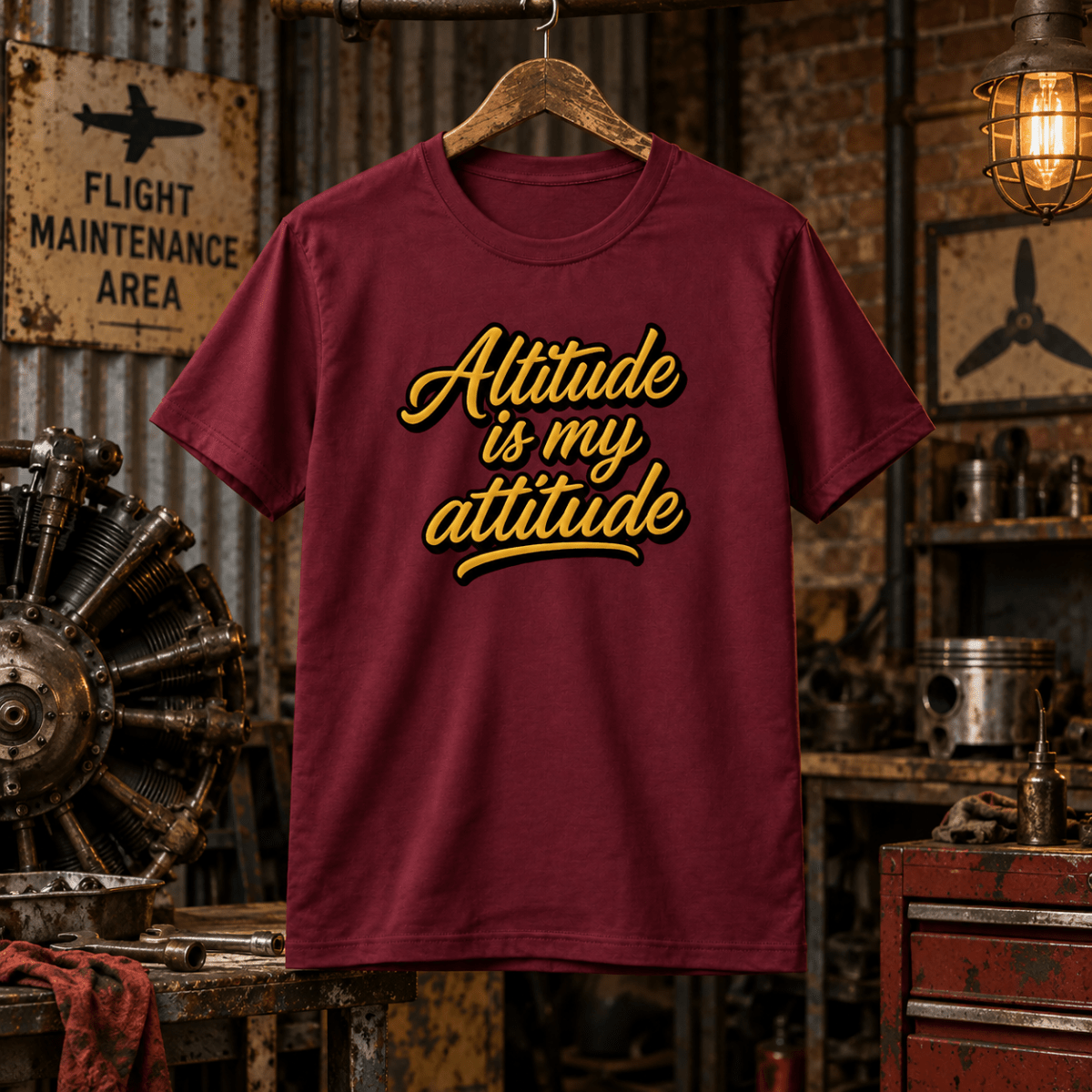 Burgundy Altitude Is My Attitude typography T-shirt in a gritty aviation workshop