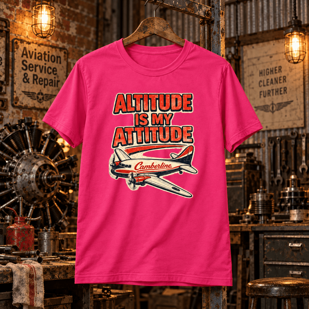 Hot pink Altitude Is My Attitude vintage aircraft graphic T-shirt in a gritty aviation workshop
