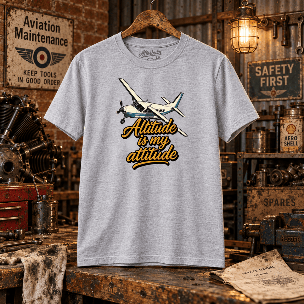 Altitude Is My Attitude sport grey pilot T-shirt in a gritty aviation workshop