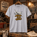 Altitude Is My Attitude sport grey pilot T-shirt in a gritty aviation workshop