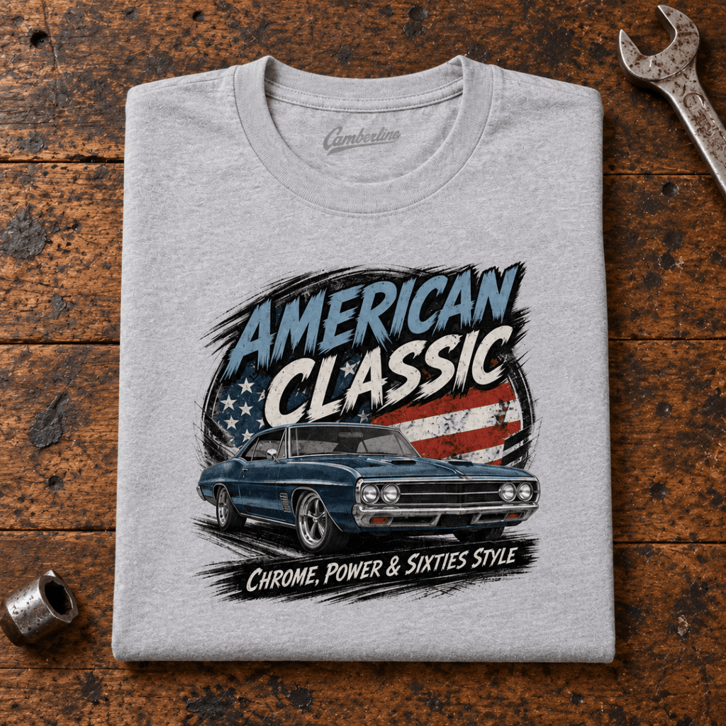 Camberline American Classic 1960s Blue Street Machine Graphic T-Shirt in sport grey, folded front view on a workshop bench with the full graphic visible
