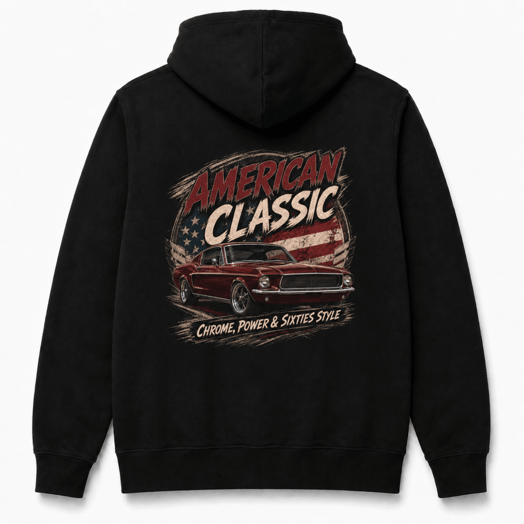 Back product view of the black hoodie with large fastback muscle car graphic