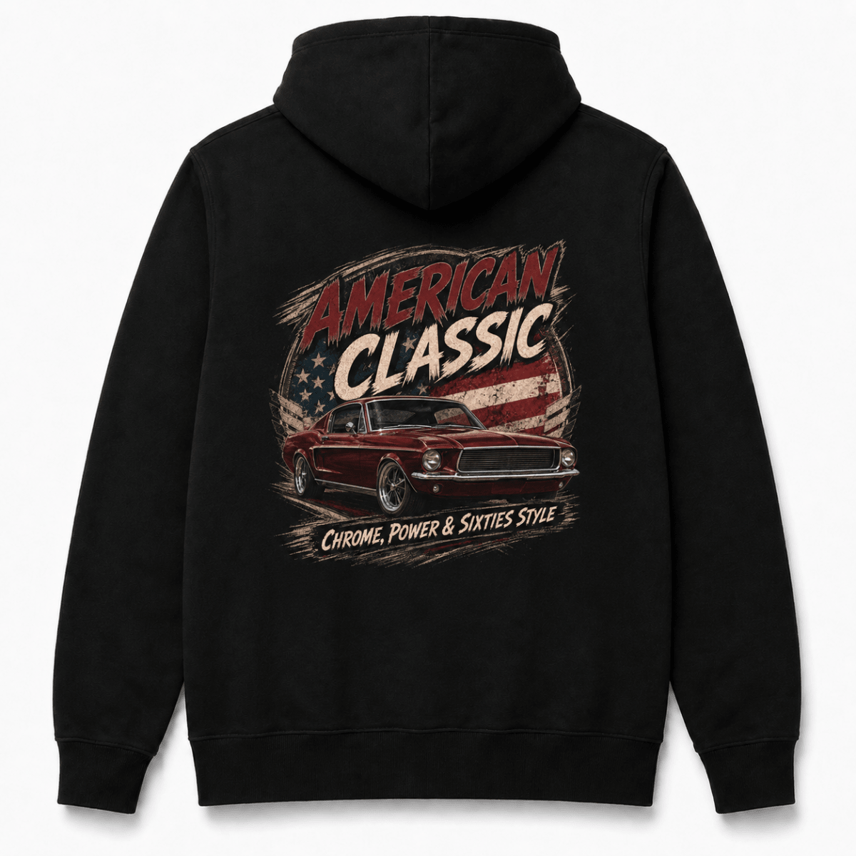 Back product view of the black hoodie with large fastback muscle car graphic