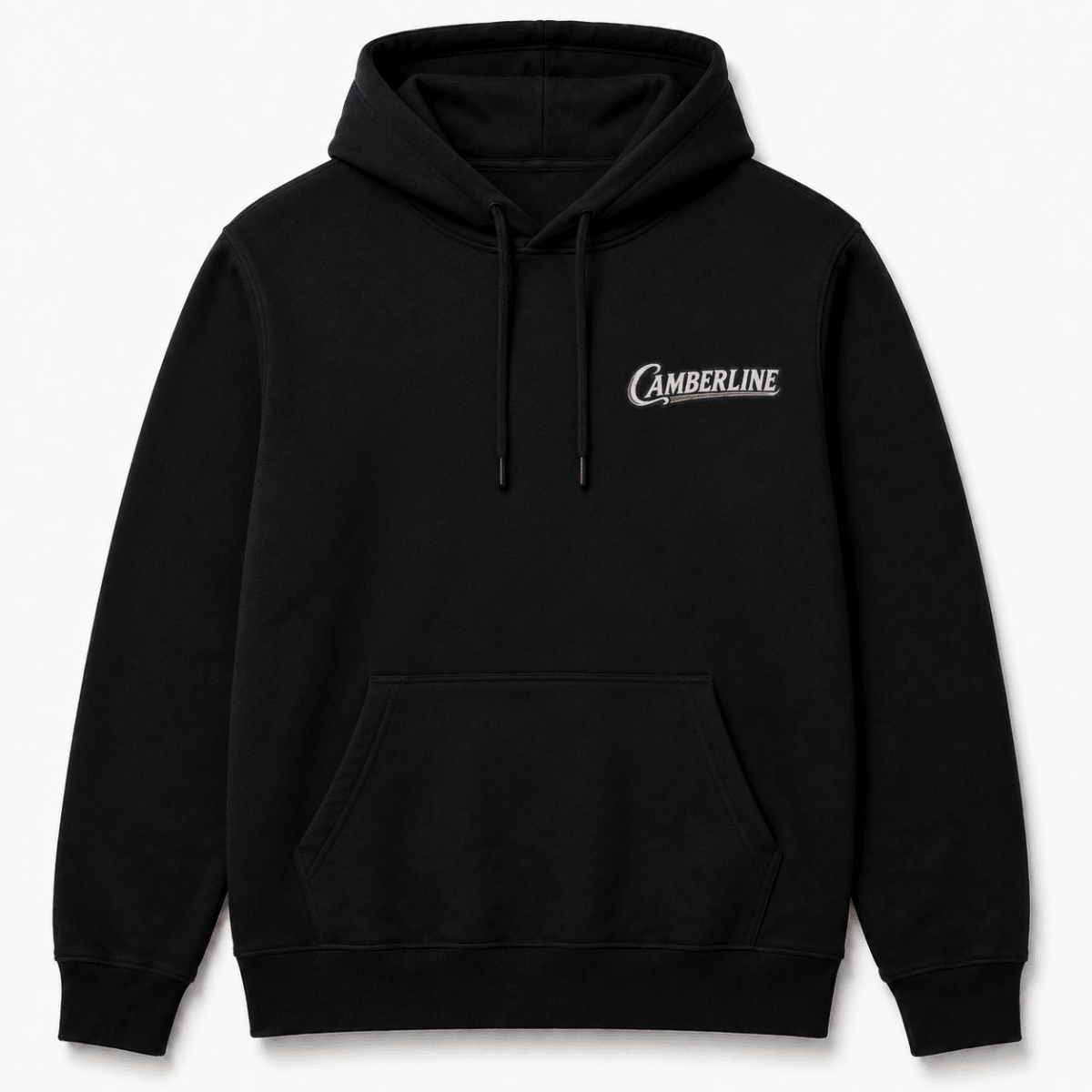Front product view of the black hoodie with small Camberline chest logo
