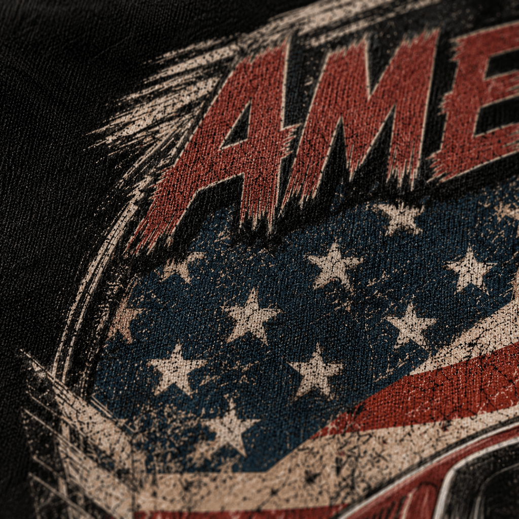 Close-up of the American Classic 1960s Fastback premium halftone DTF print on black hoodie fabric