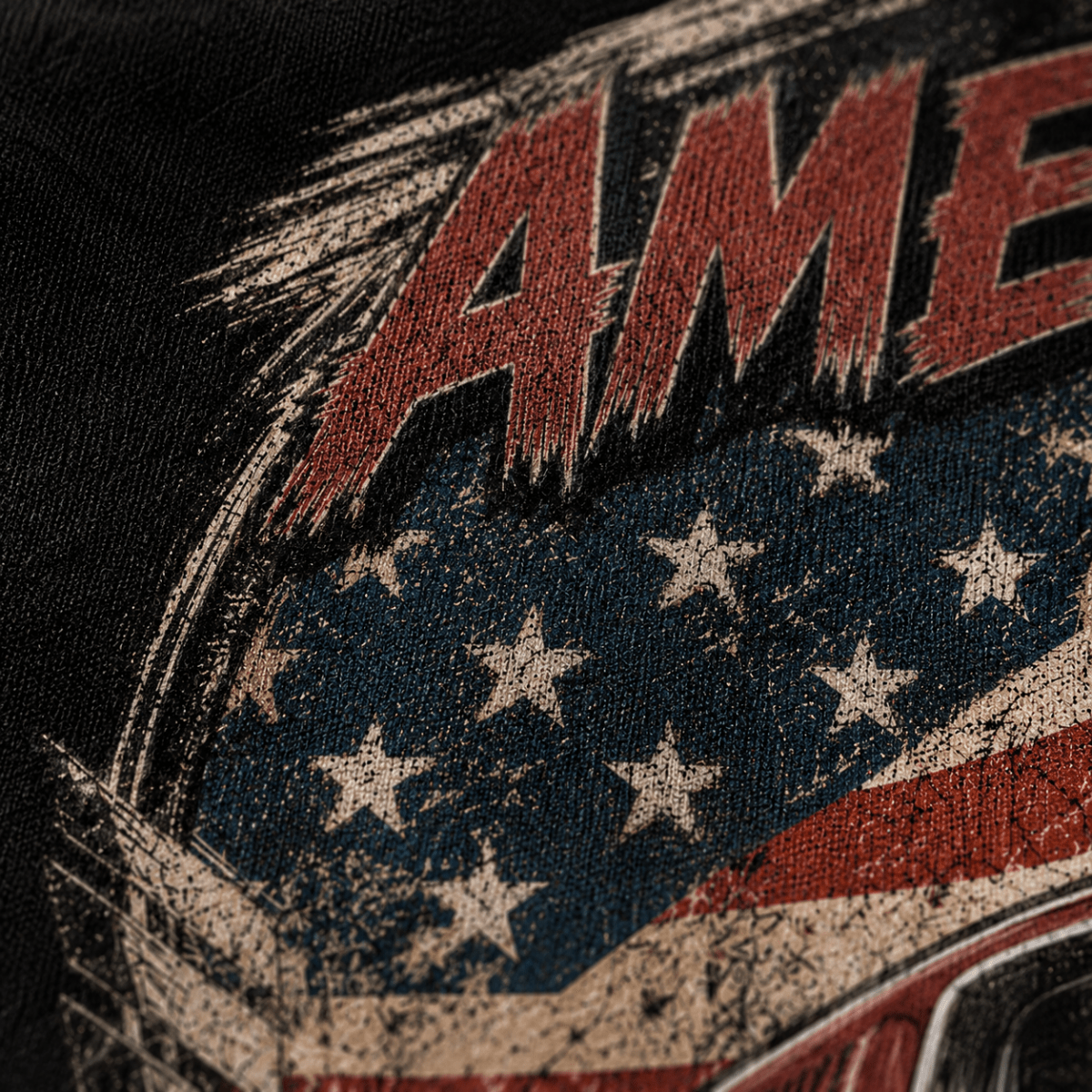Close-up of the American Classic 1960s Fastback premium halftone DTF print on black hoodie fabric