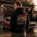 Model wearing a black fastback muscle car graphic hoodie, back print view