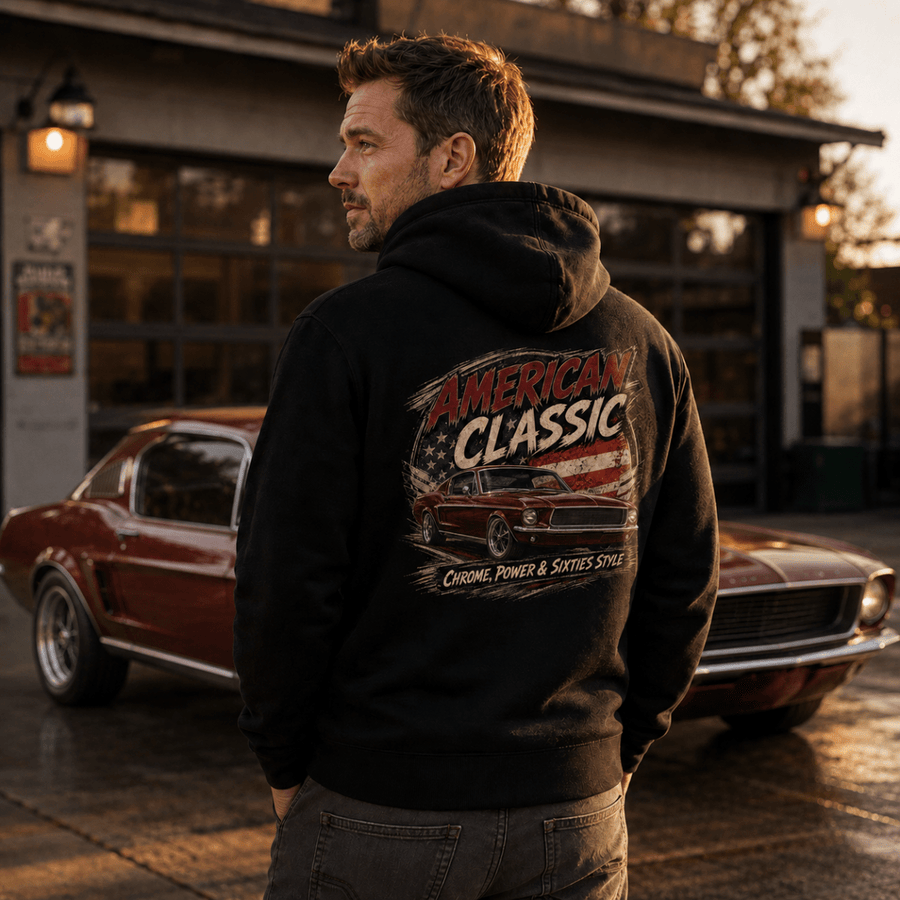 Model wearing a black fastback muscle car graphic hoodie, back print view