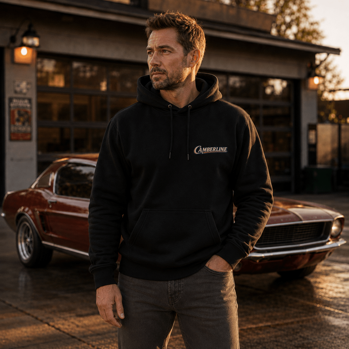 Front view of model wearing the black Camberline hoodie with chest logo