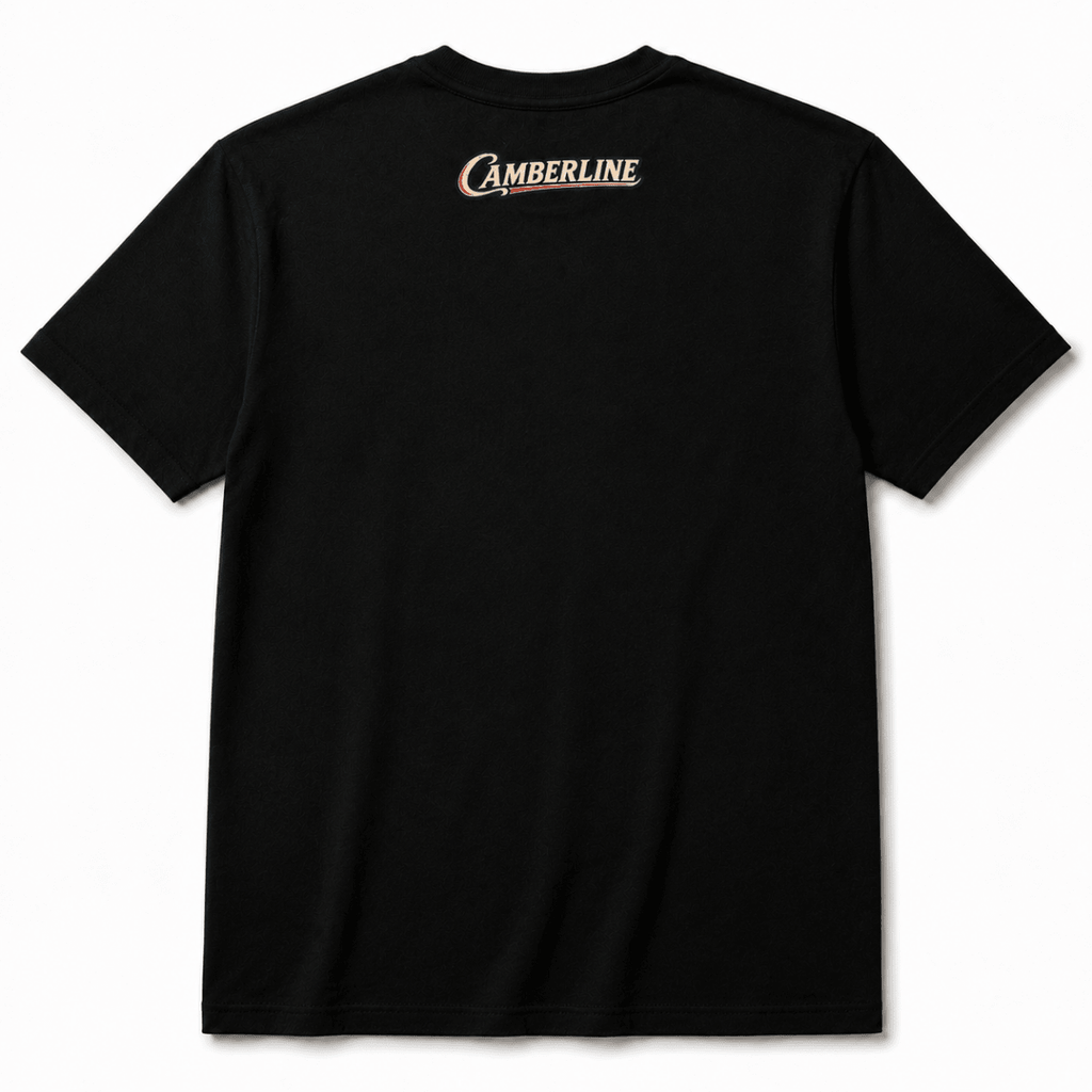 Back product view of the black T-shirt with small Camberline nape print