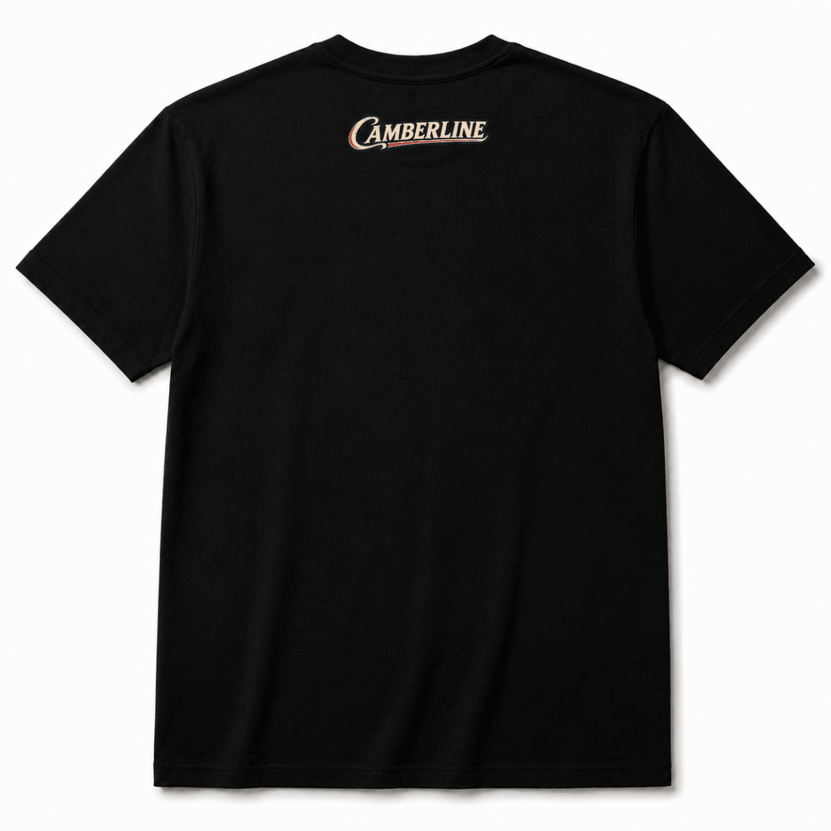 Back product view of the black T-shirt with small Camberline nape print