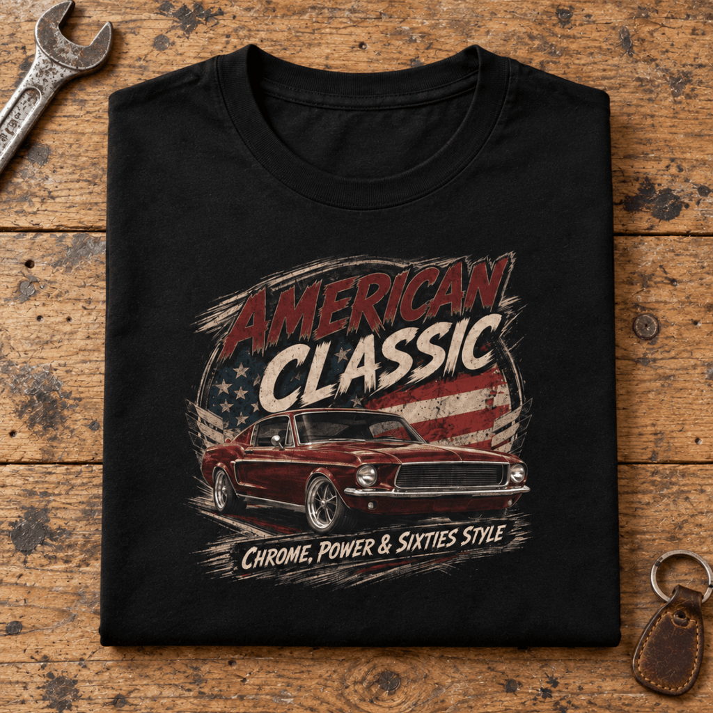 Camberline American Classic 1960s Fastback Graphic T-Shirt in black, folded front view on a workshop bench with the full graphic visible