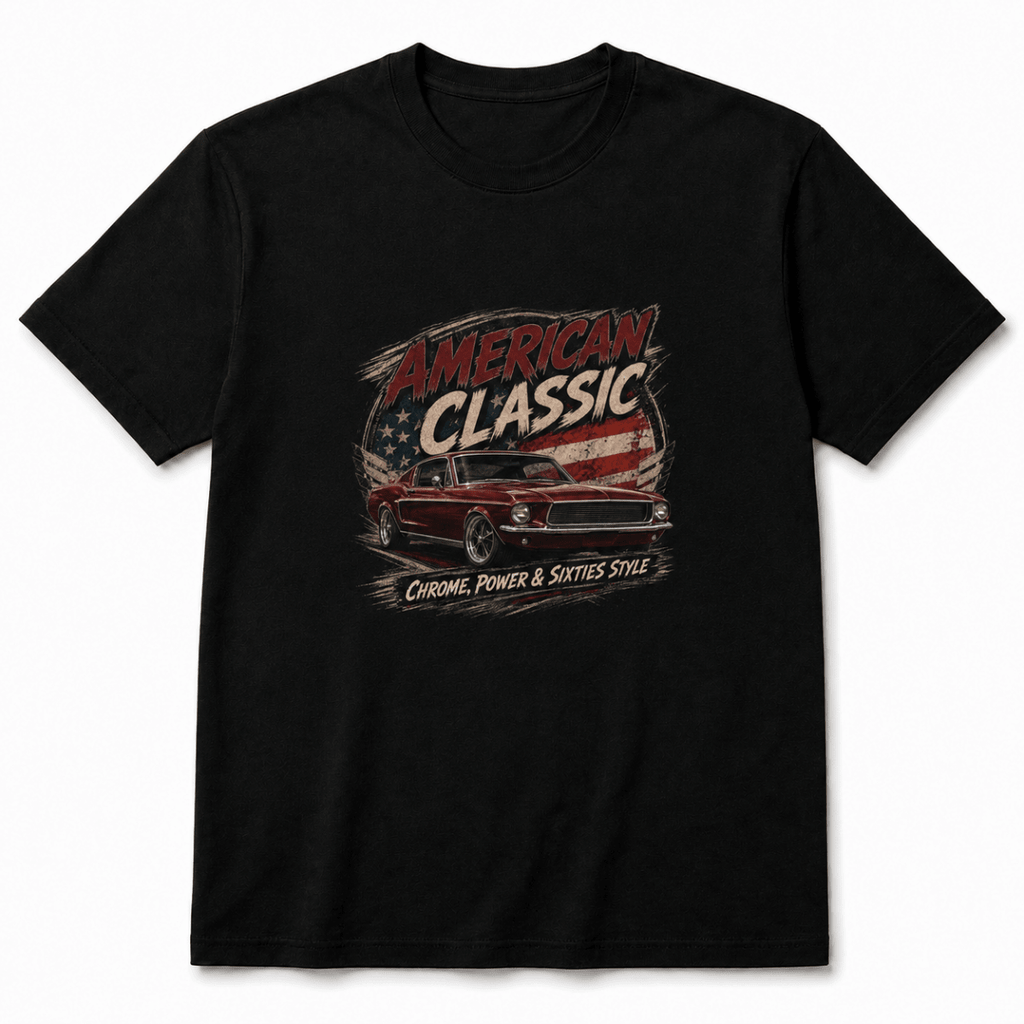 Front product view of the black fastback muscle car graphic T-shirt