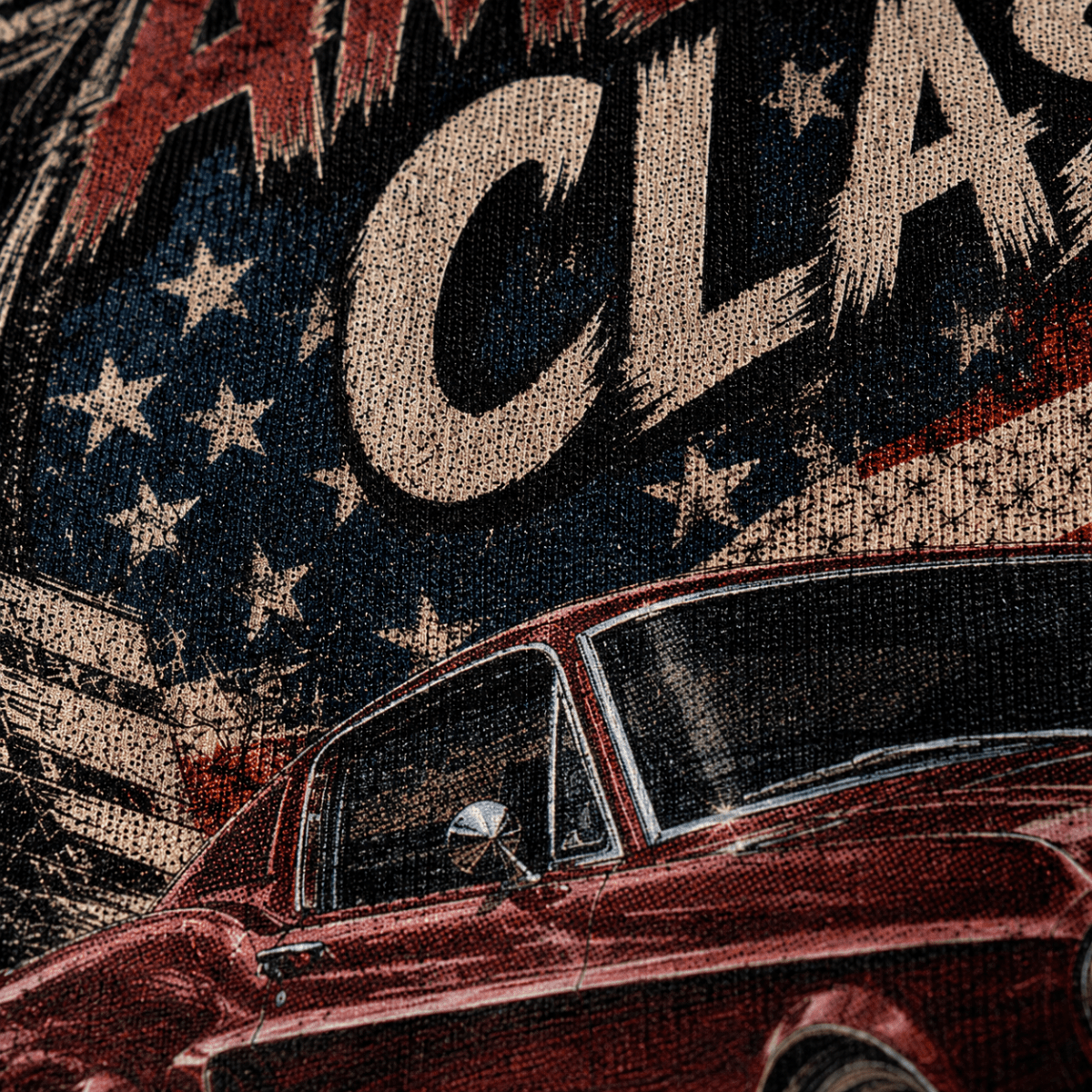 Close-up of the American Classic 1960s Fastback premium halftone DTF print on black fabric