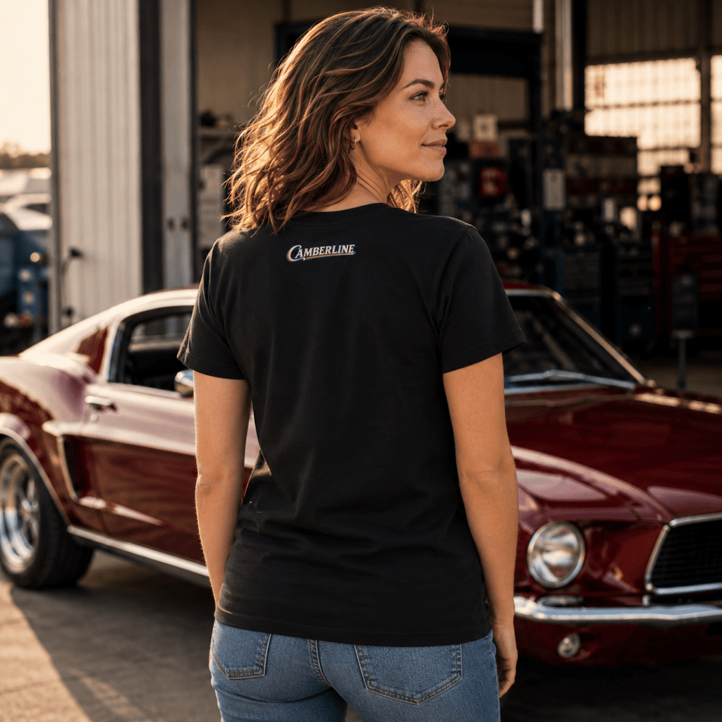 Back view of model wearing the black Camberline T-shirt with nape print