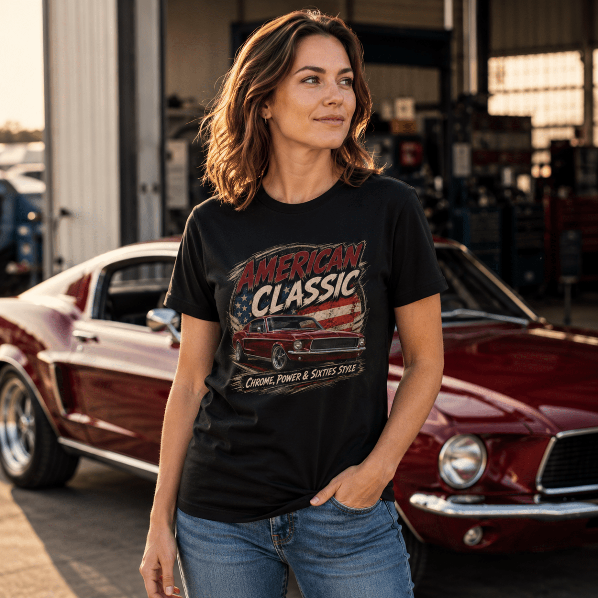 Model wearing a black fastback muscle car graphic T-shirt, front view