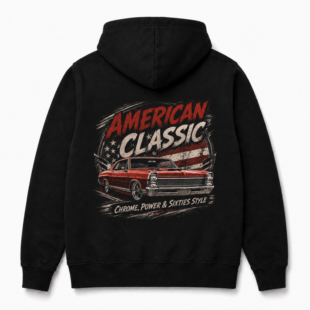 Back product view of the black hoodie with large red full-size muscle coupe graphic