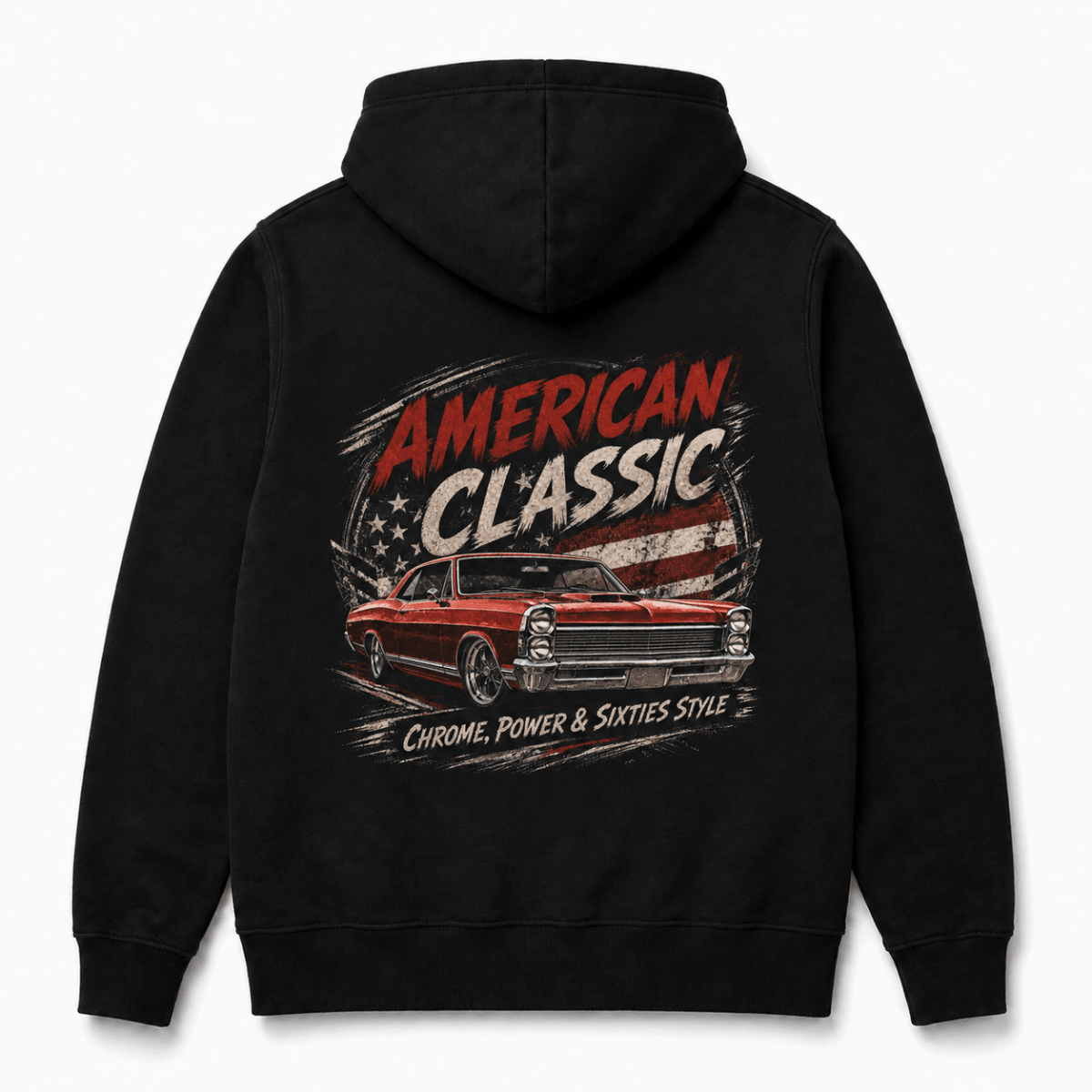 Back product view of the black hoodie with large red full-size muscle coupe graphic