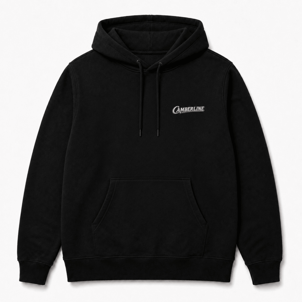 Front product view of the black hoodie with small Camberline chest logo