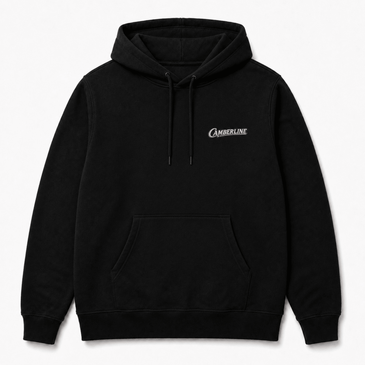 Front product view of the black hoodie with small Camberline chest logo