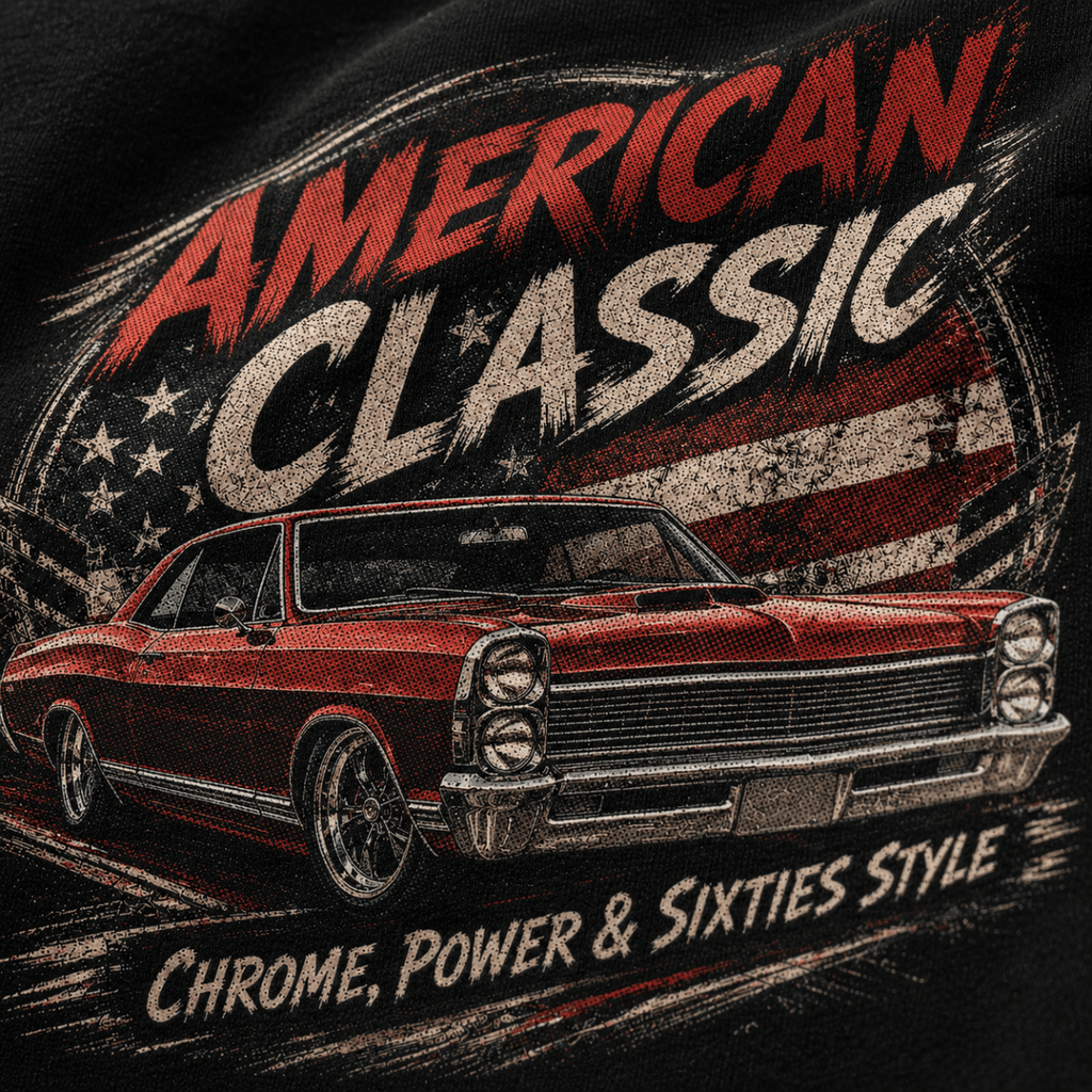 Close-up of the American Classic 1960s Red Muscle Coupe premium halftone DTF print on black hoodie fabric
