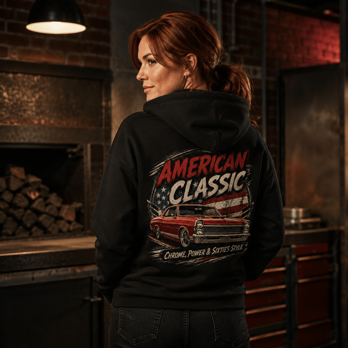 Model wearing a black red full-size muscle coupe graphic hoodie, back print view