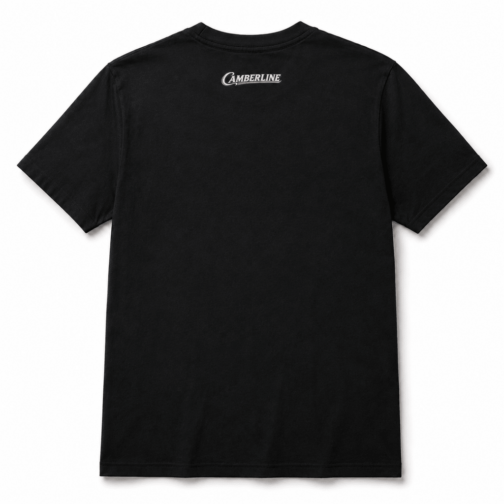 Back product view of the black T-shirt with small Camberline nape print