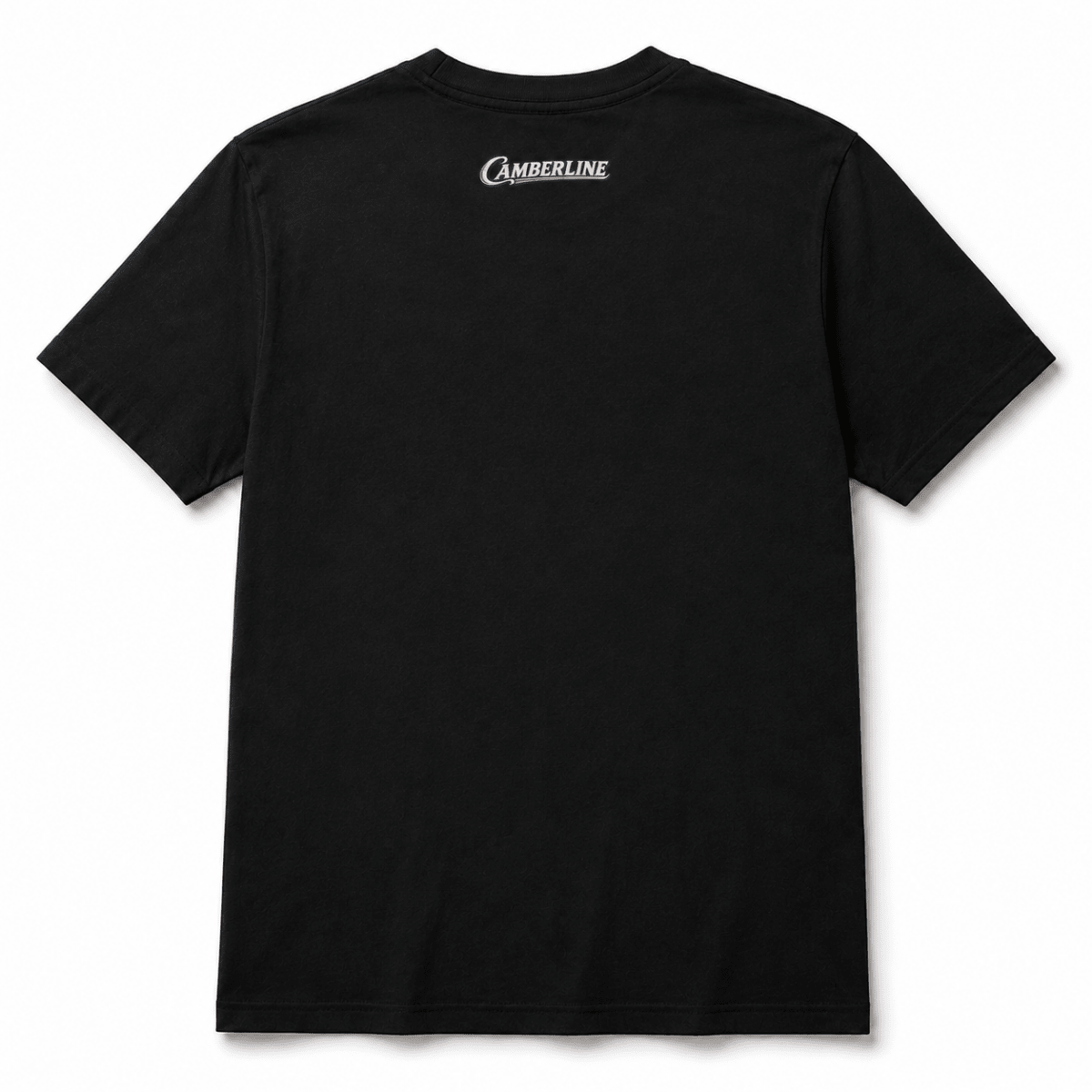 Back product view of the black T-shirt with small Camberline nape print