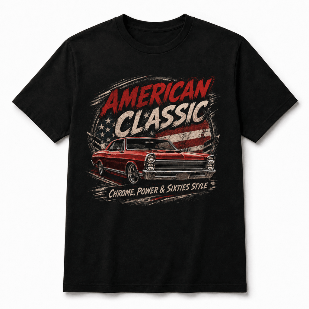 Front product view of the black red full-size muscle coupe graphic T-shirt