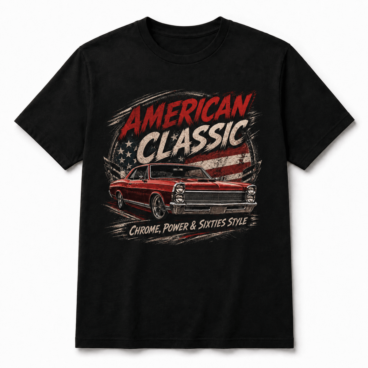 Front product view of the black red full-size muscle coupe graphic T-shirt