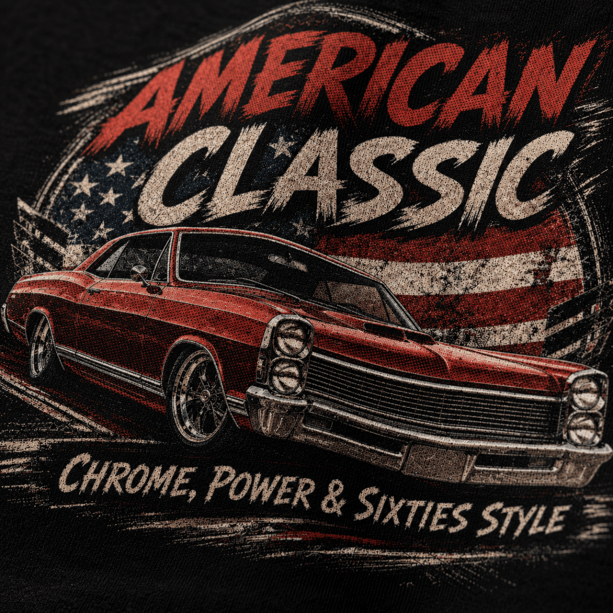 Close-up of the American Classic 1960s Red Muscle Coupe premium halftone DTF print on black fabric