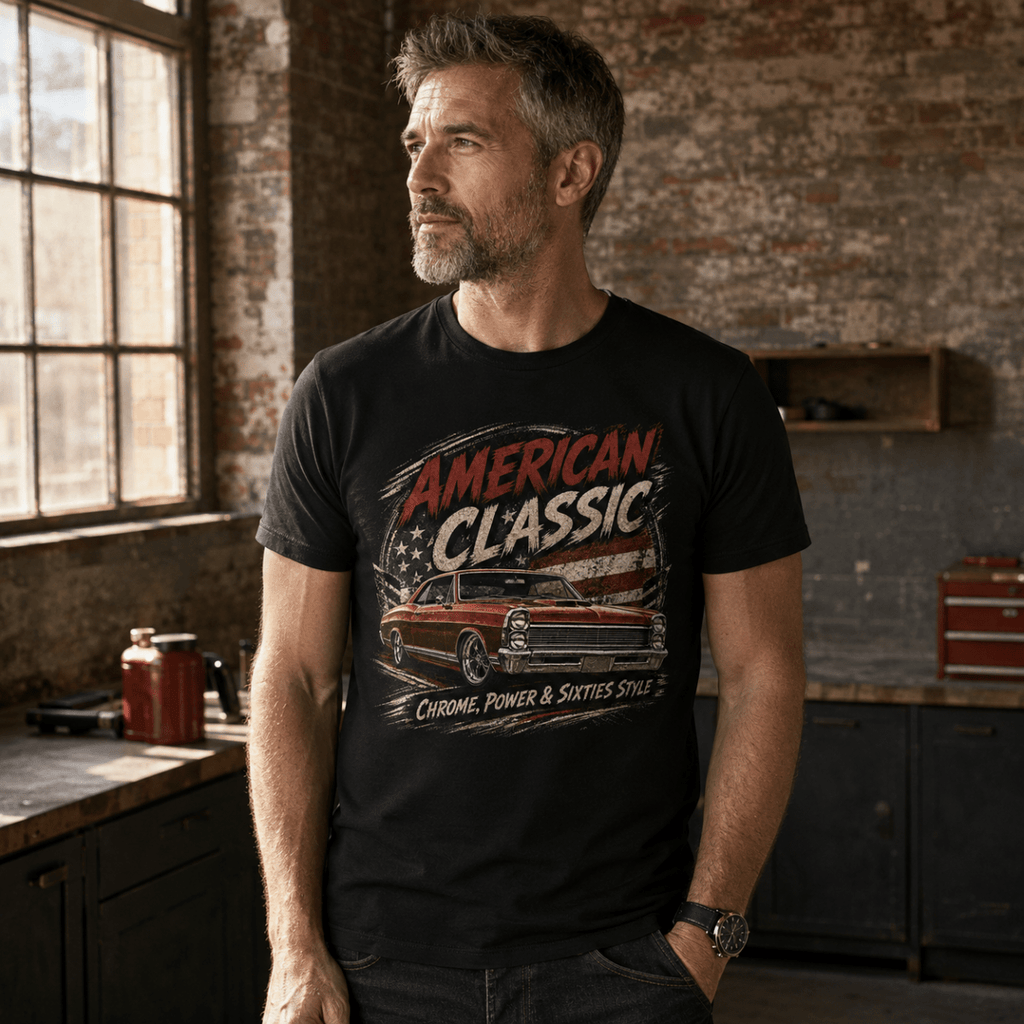 Model wearing a black red full-size muscle coupe graphic T-shirt, front view