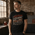 Model wearing a black red full-size muscle coupe graphic T-shirt, front view