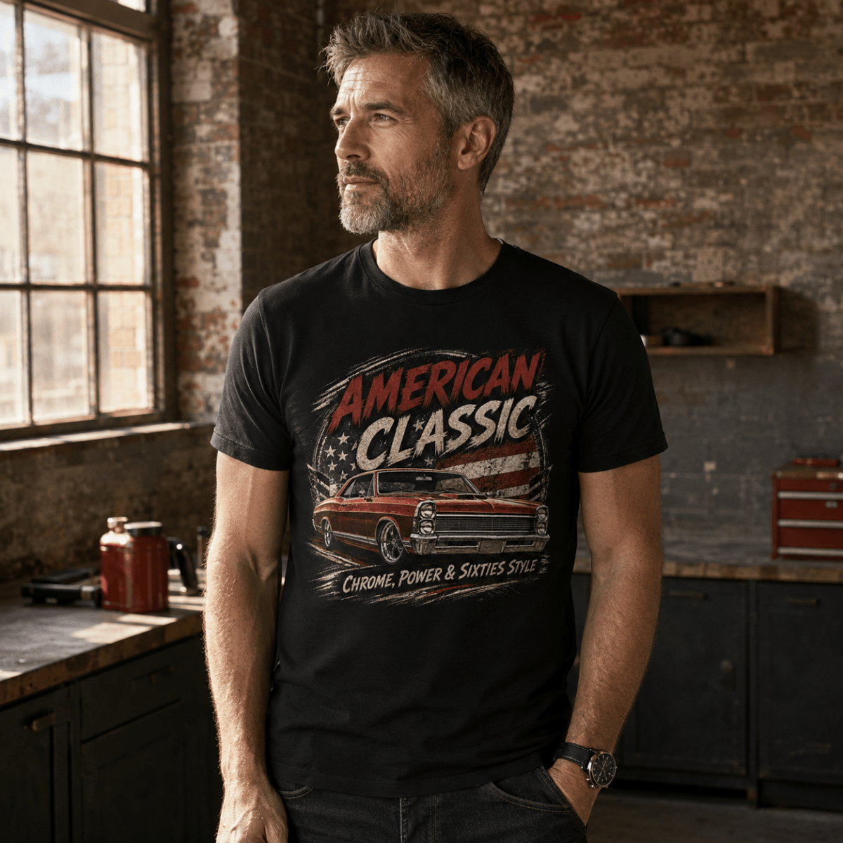 Model wearing a black red full-size muscle coupe graphic T-shirt, front view