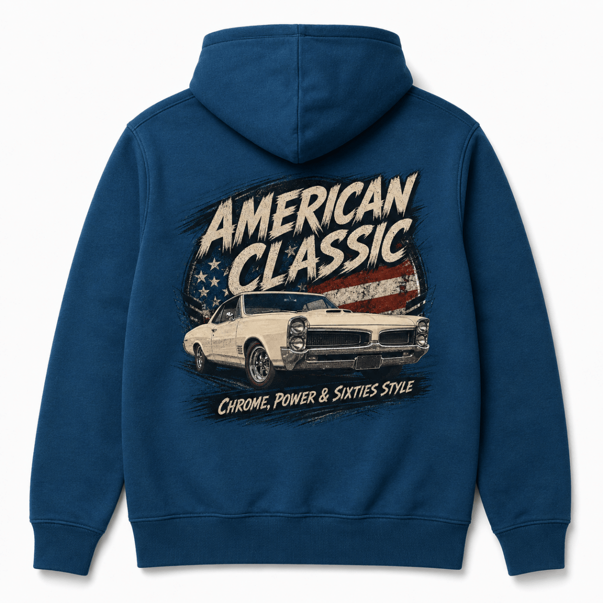Back product view of the sapphire blue hoodie with large white muscle coupe graphic