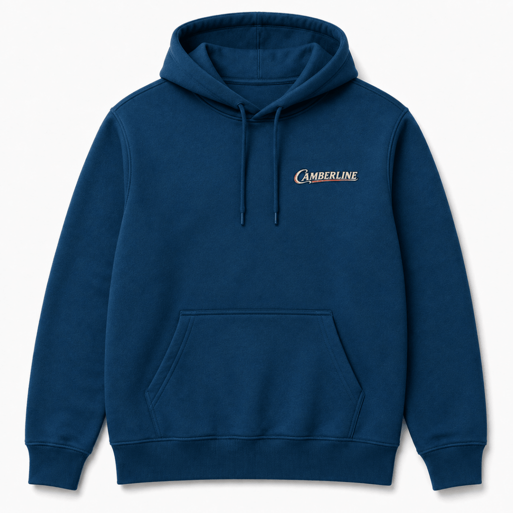 Front product view of the sapphire blue hoodie with small Camberline chest logo