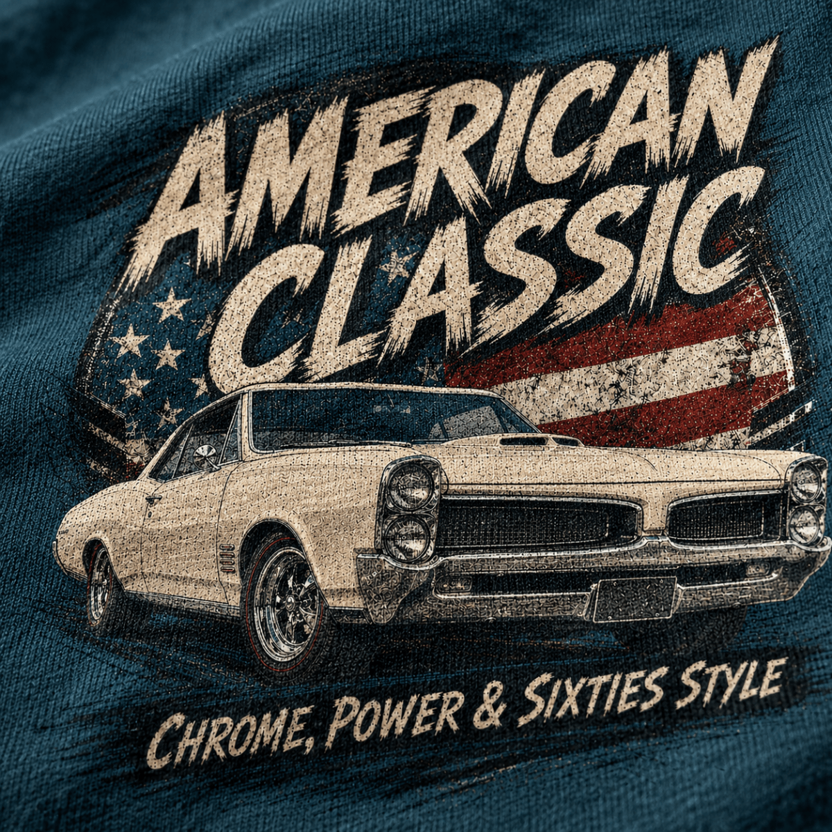 Close-up of the American Classic 1960s White Muscle Coupe premium halftone DTF print on sapphire blue hoodie fabric