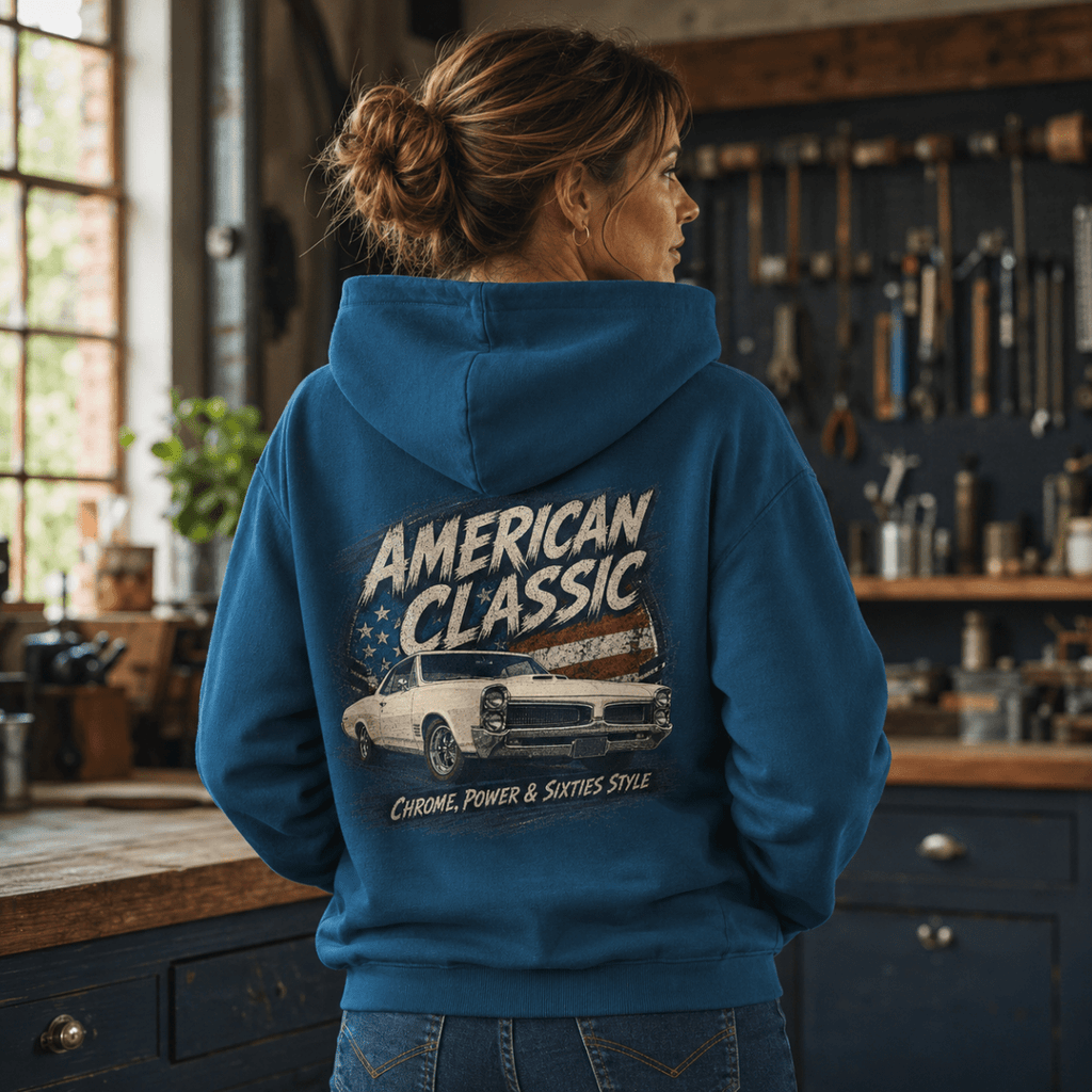 Model wearing a sapphire blue white muscle coupe graphic hoodie, back print view
