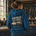 Model wearing a sapphire blue white muscle coupe graphic hoodie, back print view