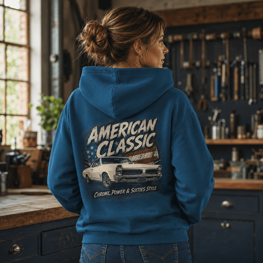 Model wearing a sapphire blue white muscle coupe graphic hoodie, back print view