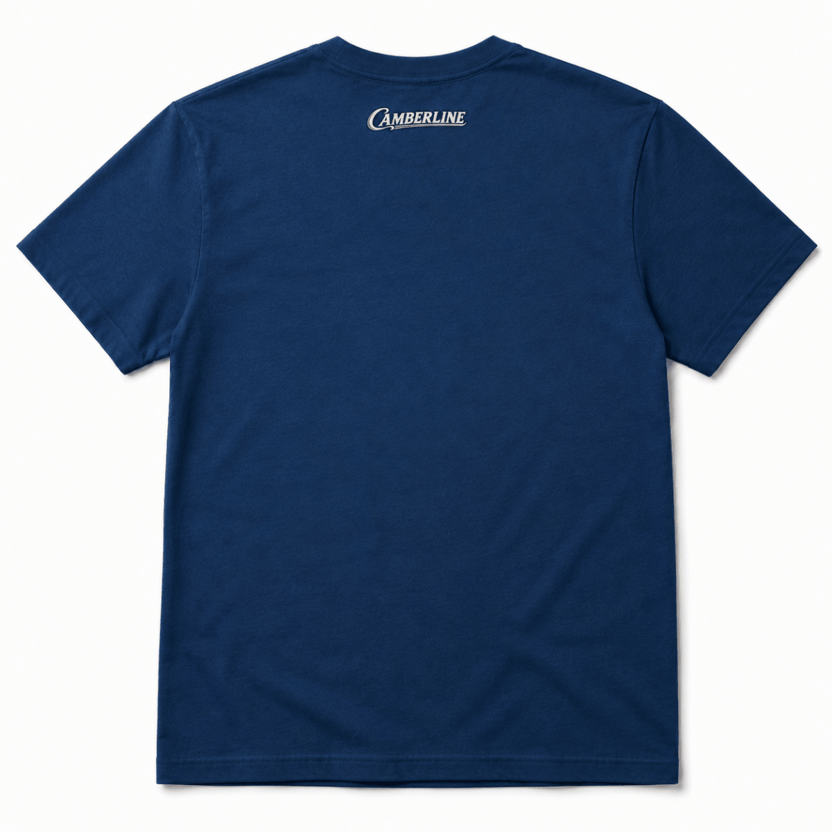 Back product view of the sapphire blue T-shirt with small Camberline nape print