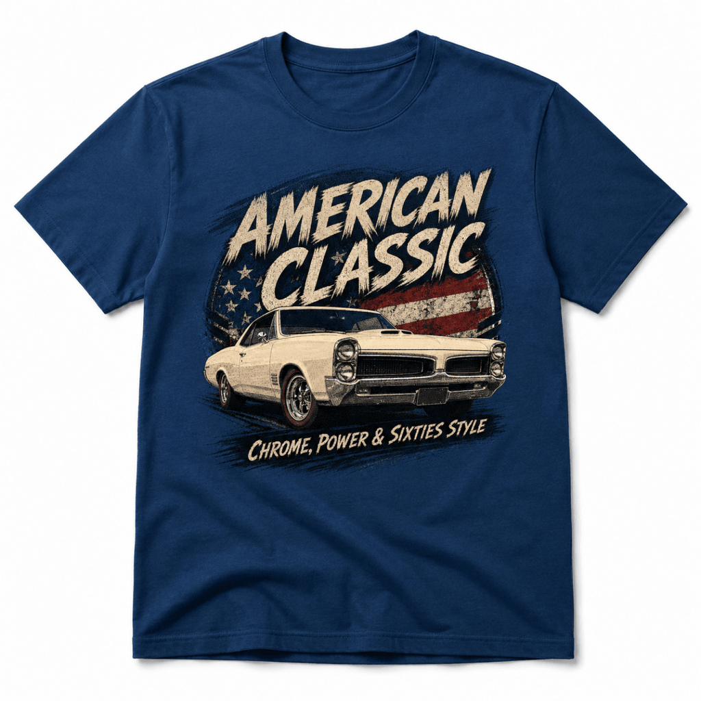 Front product view of the sapphire blue white muscle coupe graphic T-shirt