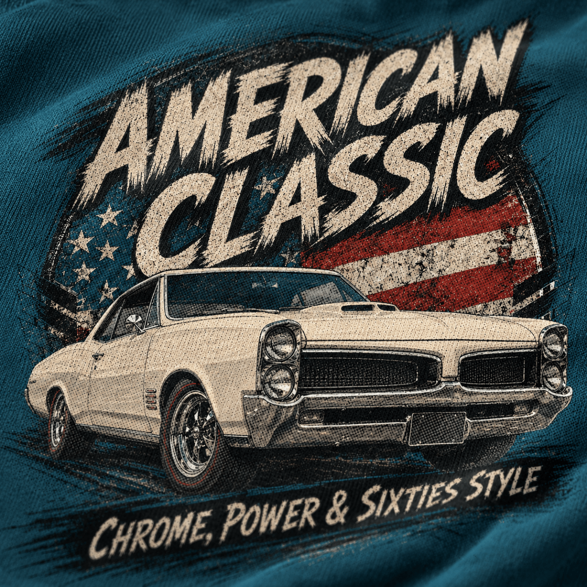 Close-up of the American Classic 1960s White Muscle Coupe premium halftone DTF print on sapphire blue fabric