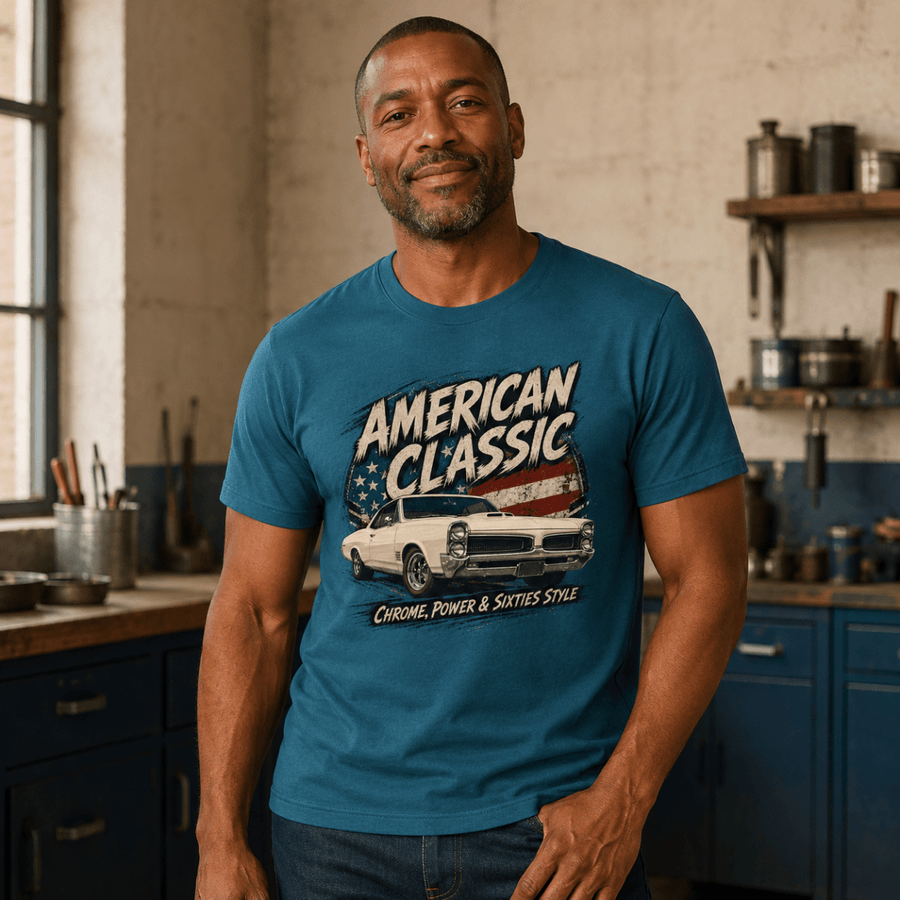 Model wearing a sapphire blue white muscle coupe graphic T-shirt, front view