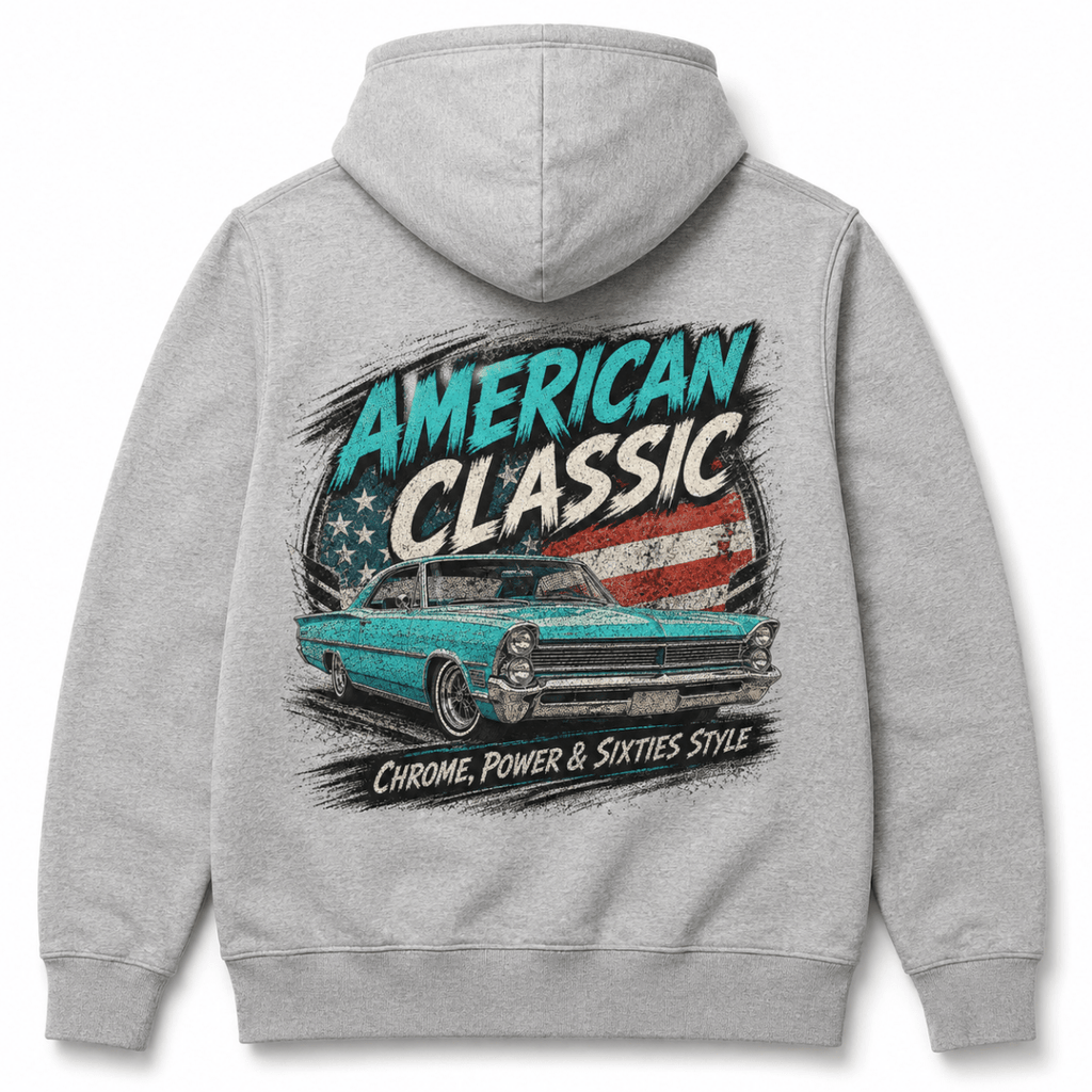 Back product view of the sport grey hoodie with large turquoise American cruiser graphic