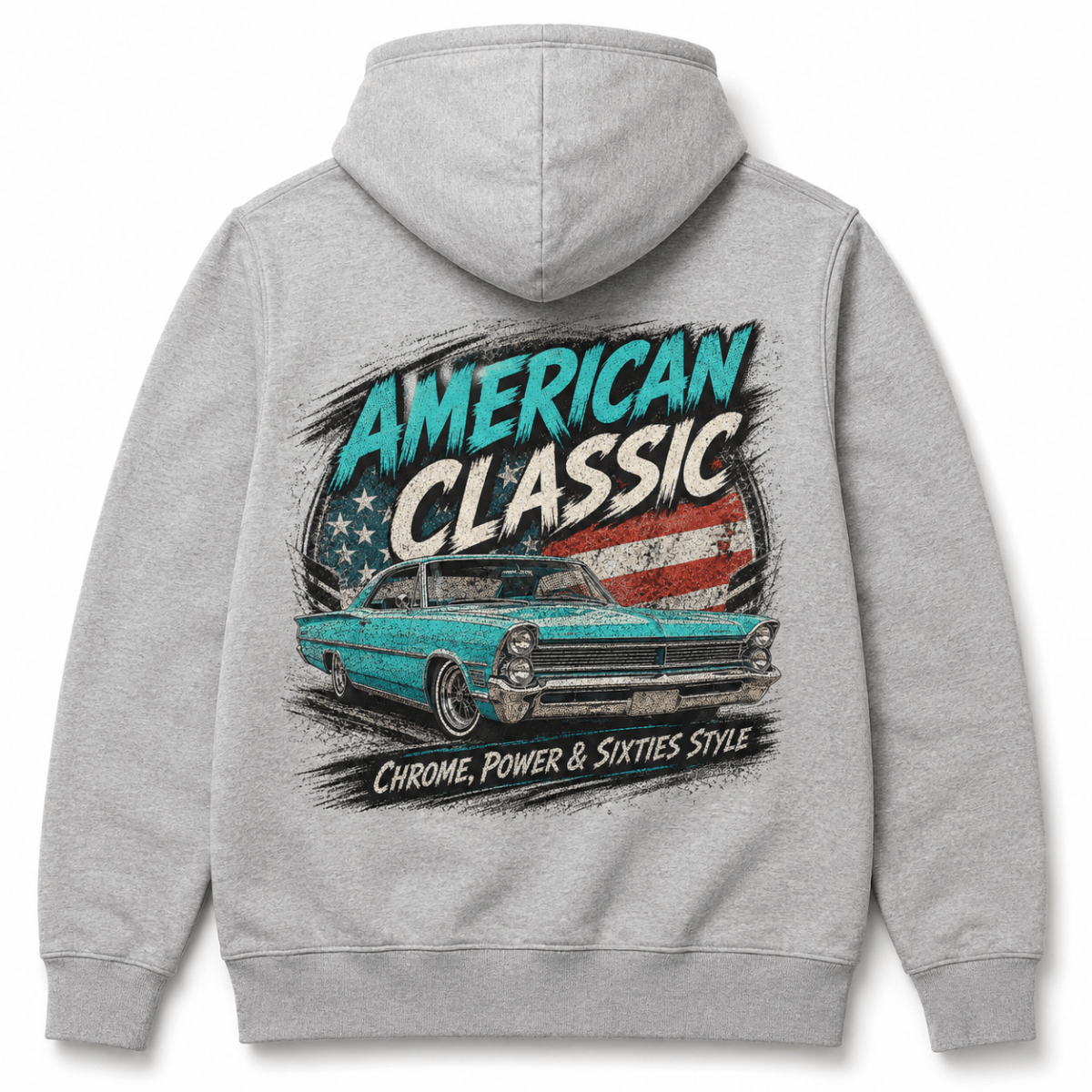 Back product view of the sport grey hoodie with large turquoise American cruiser graphic