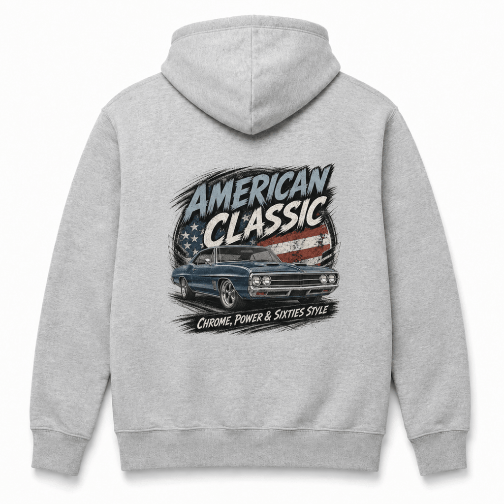 Back product view of the sport grey hoodie with large blue street machine graphic