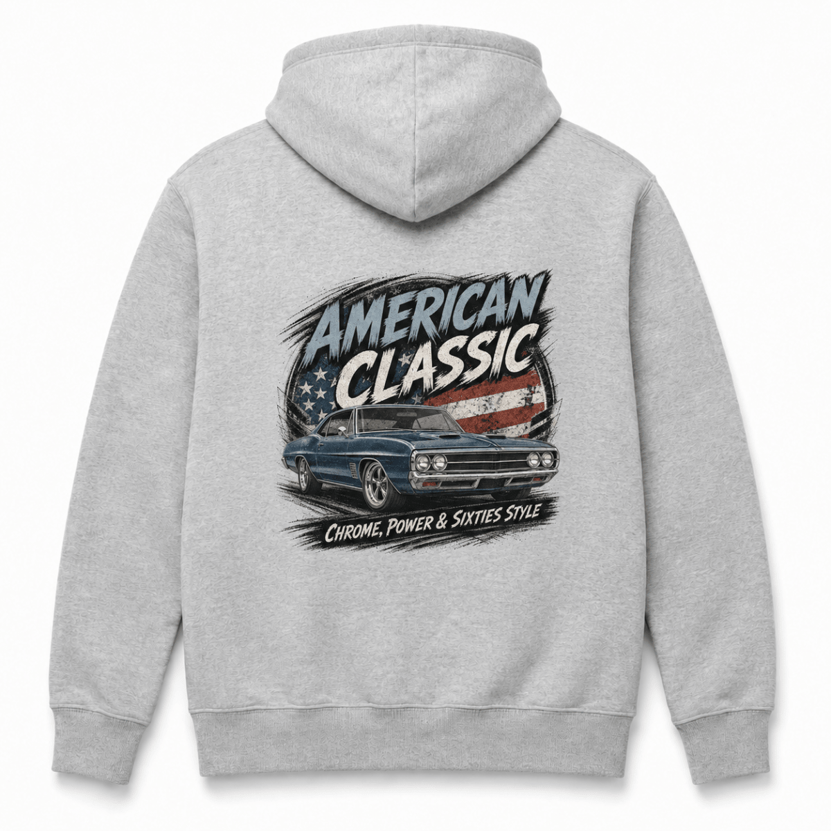 Back product view of the sport grey hoodie with large blue street machine graphic